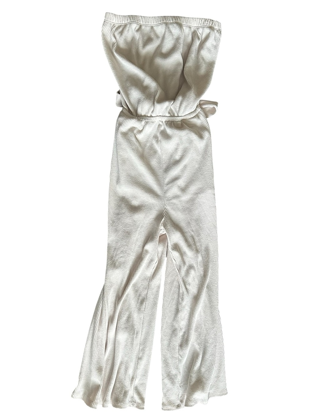 Strapless Cream Ribed Wide-Leg Jumpsuit - Picture 7 of 14